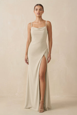 Sheath Spaghetti Straps Chiffon Long Bridesmaid Dress in Champagne - SHE IS ME Bridesmaid Dresses
