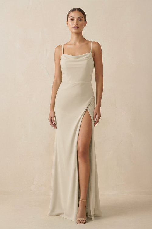 Sheath Spaghetti Straps Chiffon Long Bridesmaid Dress in Champagne - SHE IS ME Bridesmaid Dresses