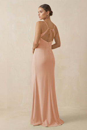 Sheath Spaghetti Straps Chiffon Long Bridesmaid Dress in Champagne Rose - SHE IS ME Bridesmaid Dresses