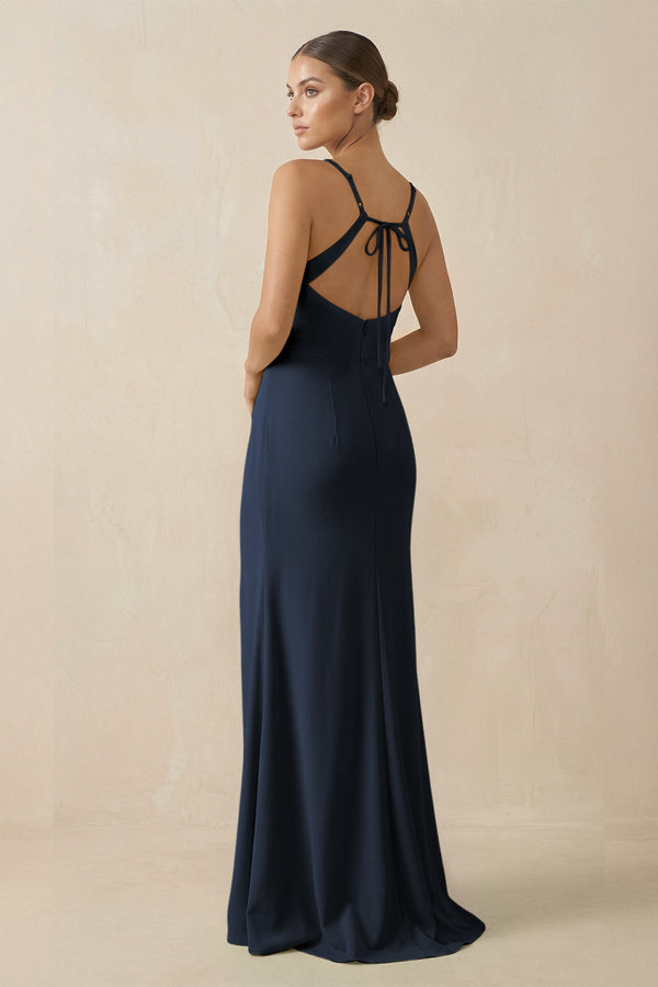 Sheath Spaghetti Straps Chiffon Long Bridesmaid Dress in Dark Navy - SHE IS ME Bridesmaid Dresses