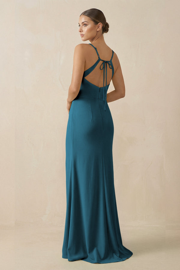 Sheath Spaghetti Straps Chiffon Long Bridesmaid Dress in Dark Teal - SHE IS ME Bridesmaid Dresses