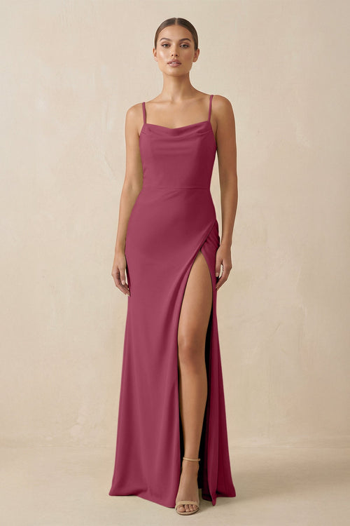 Sheath Spaghetti Straps Chiffon Long Bridesmaid Dress in Desert Rose - SHE IS ME Bridesmaid Dresses