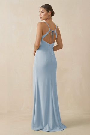 Sheath Spaghetti Straps Chiffon Long Bridesmaid Dress in Dusty Blue - SHE IS ME Bridesmaid Dresses