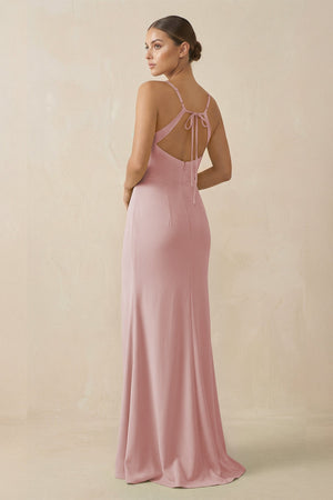 Sheath Spaghetti Straps Chiffon Long Bridesmaid Dress in Dusty Rose - SHE IS ME Bridesmaid Dresses