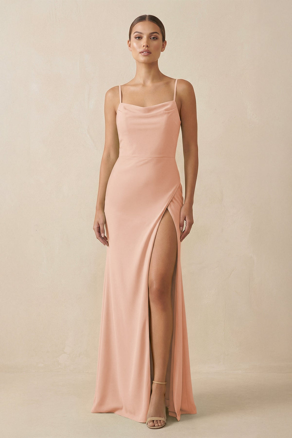 Sheath Spaghetti Straps Chiffon Long Bridesmaid Dress in English Rose - SHE IS ME Bridesmaid Dresses