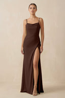 Sheath Spaghetti Straps Chiffon Long Bridesmaid Dress in Espresso - SHE IS ME Bridesmaid Dresses