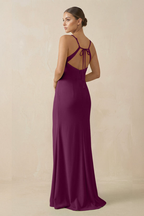Sheath Spaghetti Straps Chiffon Long Bridesmaid Dress in Fig - SHE IS ME Bridesmaid Dresses