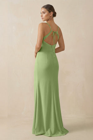Sheath Spaghetti Straps Chiffon Long Bridesmaid Dress in Matcha - SHE IS ME Bridesmaid Dresses