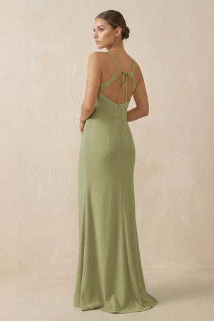 Sheath Spaghetti Straps Chiffon Long Bridesmaid Dress in Moss Green - SHE IS ME Bridesmaid Dresses
