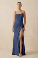 Sheath Spaghetti Straps Chiffon Long Bridesmaid Dress in Navy - SHE IS ME Bridesmaid Dresses
