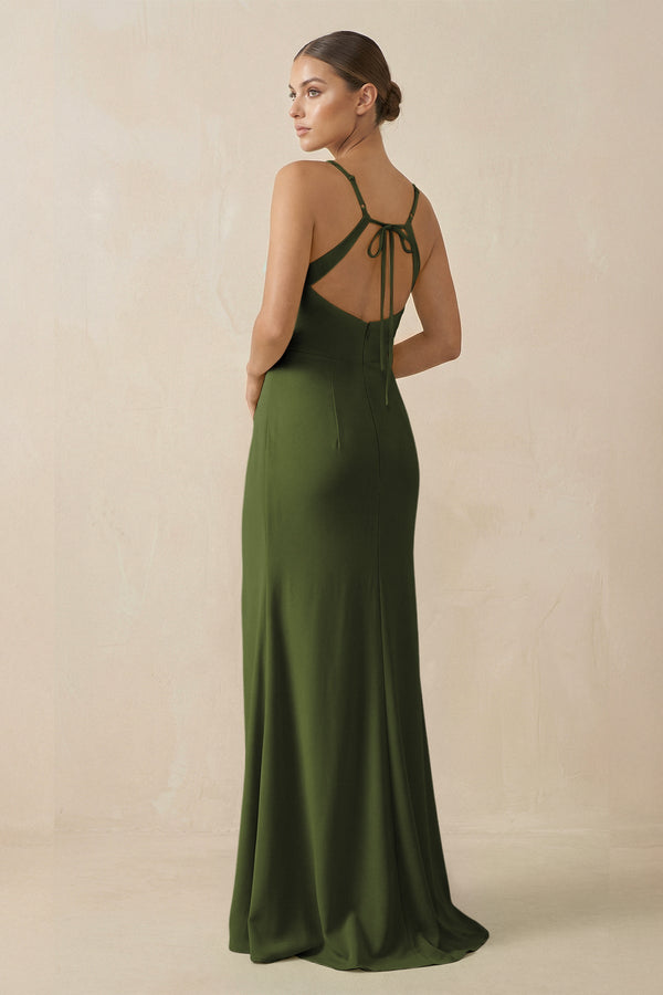 Sheath Spaghetti Straps Chiffon Long Bridesmaid Dress in Olive - SHE IS ME Bridesmaid Dresses