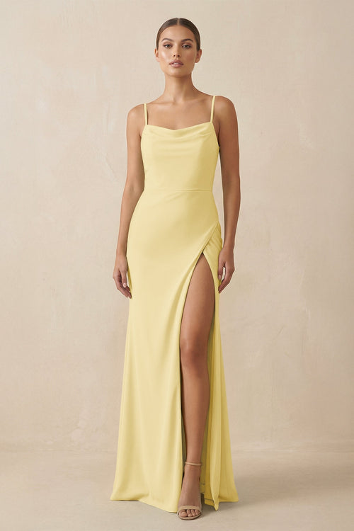 Sheath Spaghetti Straps Chiffon Long Bridesmaid Dress in Pastel Yellow - SHE IS ME Bridesmaid Dresses