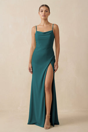 Sheath Spaghetti Straps Chiffon Long Bridesmaid Dress in Pine - SHE IS ME Bridesmaid Dresses