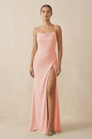 Sheath Spaghetti Straps Chiffon Long Bridesmaid Dress in Rose Petal - SHE IS ME Bridesmaid Dresses