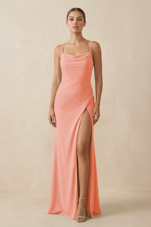 Sheath Spaghetti Straps Chiffon Long Bridesmaid Dress in Rosette - SHE IS ME Bridesmaid Dresses