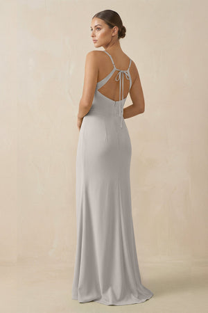 Sheath Spaghetti Straps Chiffon Long Bridesmaid Dress in Silver - SHE IS ME Bridesmaid Dresses