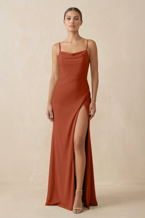 Sheath Spaghetti Straps Chiffon Long Bridesmaid Dress in Spice - SHE IS ME Bridesmaid Dresses