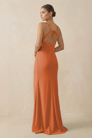 Sheath Spaghetti Straps Chiffon Long Bridesmaid Dress in Terracotta - SHE IS ME Bridesmaid Dresses