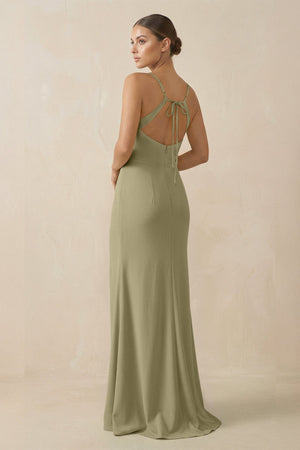 Sheath Spaghetti Straps Chiffon Long Bridesmaid Dress in Thyme - SHE IS ME Bridesmaid Dresses