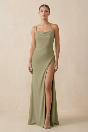 Sheath Spaghetti Straps Chiffon Long Bridesmaid Dress in Thyme - SHE IS ME Bridesmaid Dresses