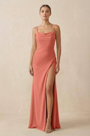 Sheath Spaghetti Straps Chiffon Long Bridesmaid Dress in Wild Rose - SHE IS ME Bridesmaid Dresses