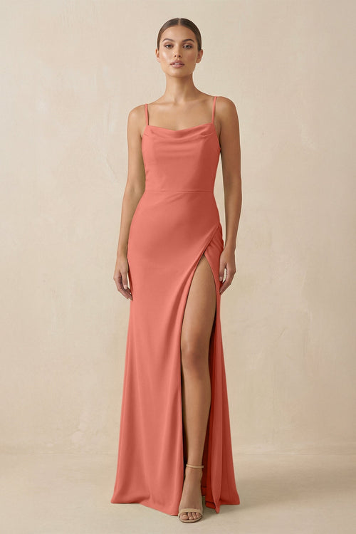 Sheath Spaghetti Straps Chiffon Long Bridesmaid Dress in Wild Rose - SHE IS ME Bridesmaid Dresses