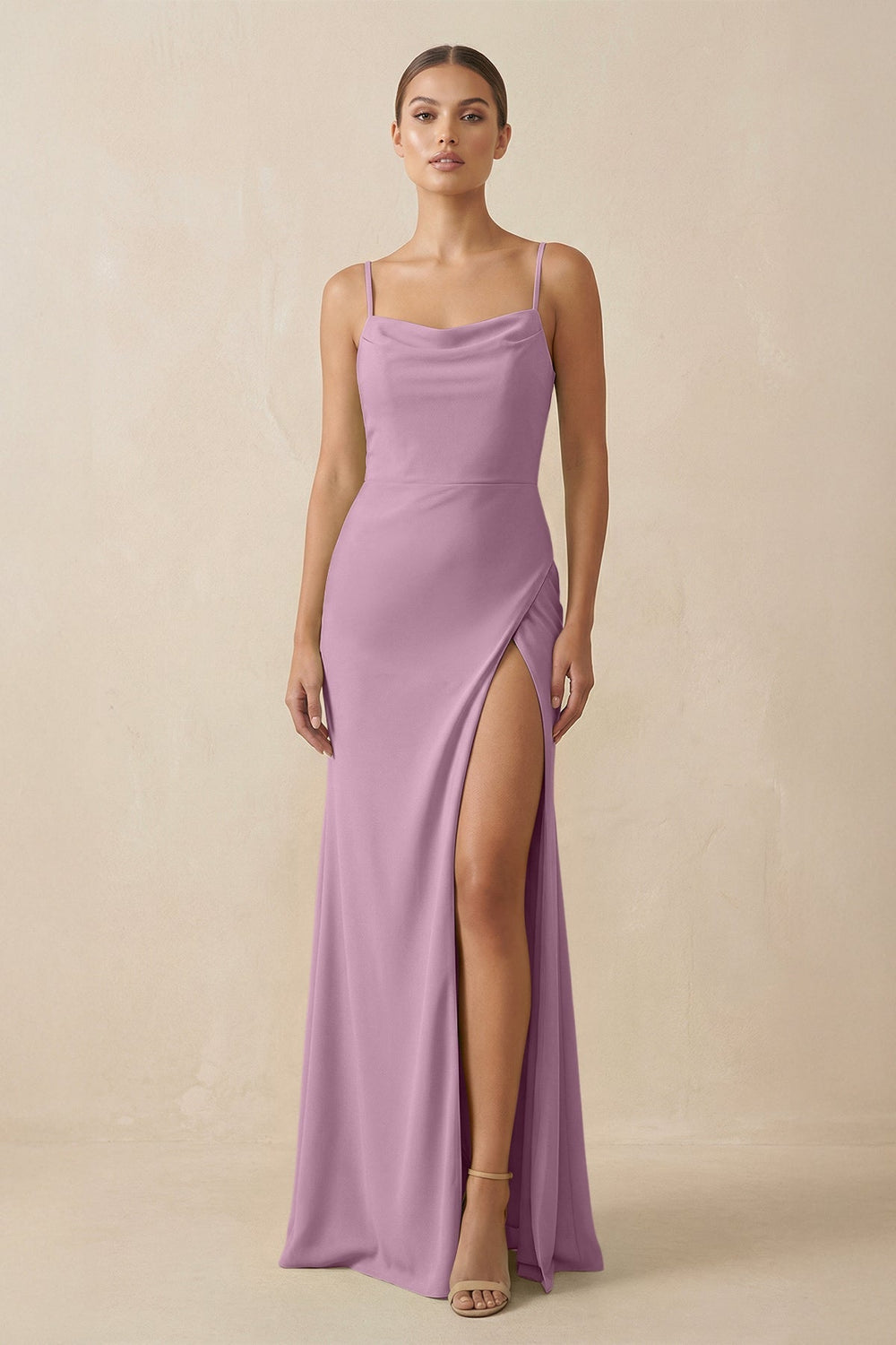 Sheath Spaghetti Straps Chiffon Long Bridesmaid Dress in Wisteria - SHE IS ME Bridesmaid Dresses