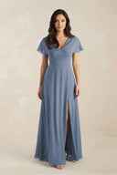 Short Sleeve Chiffon V - Neck A - Line Bridesmaid Dress in Neptune - SHE IS ME Bridesmaid Dresses