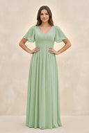 Short Sleeve Chiffon V - Neck A - Line Bridesmaid Dress in Sage - SHE IS ME Bridesmaid Dresses