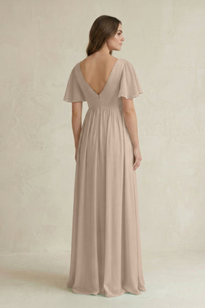 Short Sleeve V - Neck A - Line Chiffon Bridesmaid Dress in Almond - SHE IS ME Bridesmaid Dresses