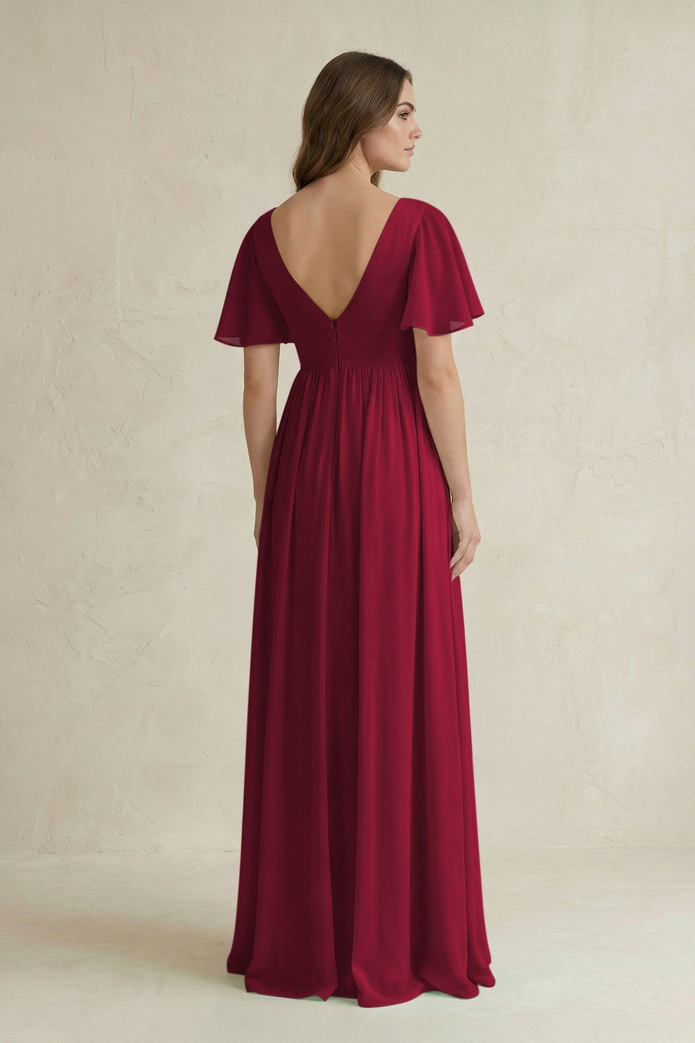 Short Sleeve V - Neck A - Line Chiffon Bridesmaid Dress in Berry - SHE IS ME Bridesmaid Dresses