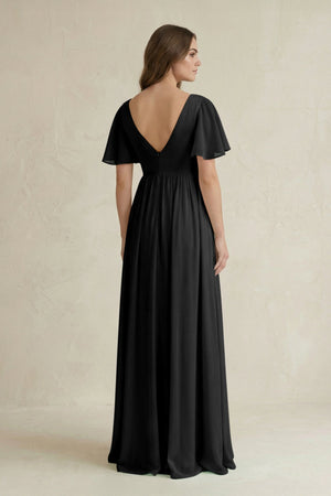 Short Sleeve V - Neck A - Line Chiffon Bridesmaid Dress in Black - SHE IS ME Bridesmaid Dresses
