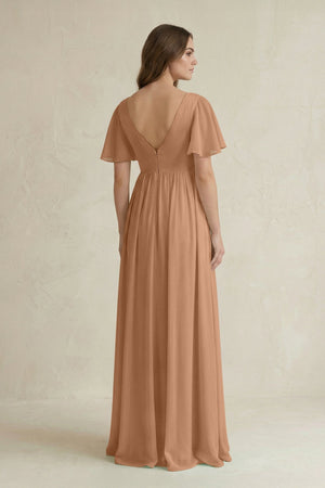 Short Sleeve V - Neck A - Line Chiffon Bridesmaid Dress in Bronzer - SHE IS ME Bridesmaid Dresses