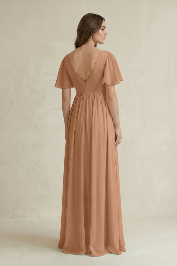 Short Sleeve V - Neck A - Line Chiffon Bridesmaid Dress in Bronzer - SHE IS ME Bridesmaid Dresses