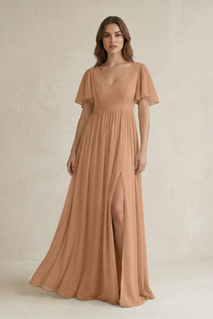 Short Sleeve V - Neck A - Line Chiffon Bridesmaid Dress in Bronzer - SHE IS ME Bridesmaid Dresses