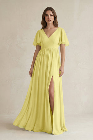 Short Sleeve V - Neck A - Line Chiffon Bridesmaid Dress in Buttercup - SHE IS ME Bridesmaid Dresses