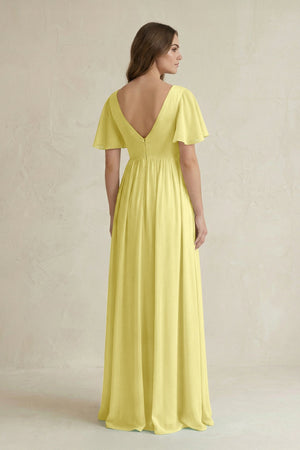 Short Sleeve V - Neck A - Line Chiffon Bridesmaid Dress in Buttercup - SHE IS ME Bridesmaid Dresses