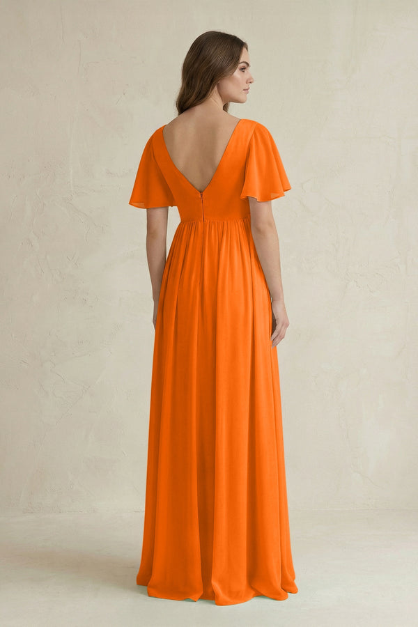 Short Sleeve V - Neck A - Line Chiffon Bridesmaid Dress in Cinnamon - SHE IS ME Bridesmaid Dresses