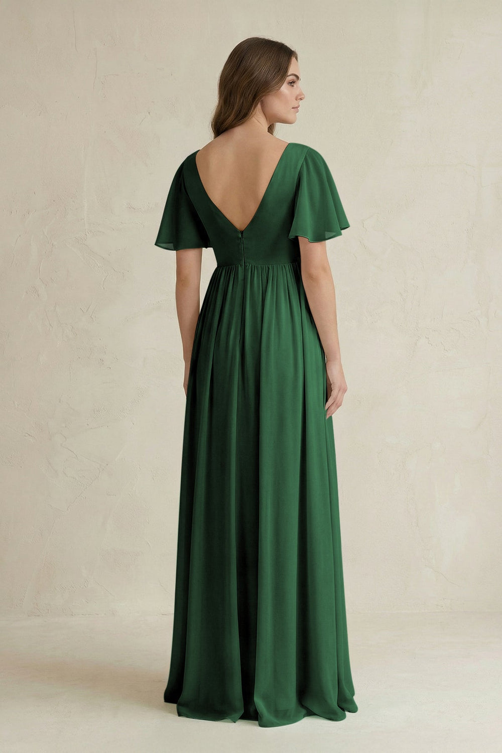 Short Sleeve V - Neck A - Line Chiffon Bridesmaid Dress in Dark Green - SHE IS ME Bridesmaid Dresses