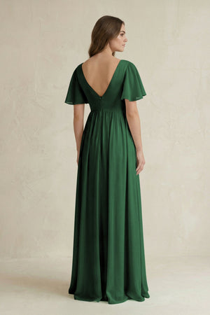 Short Sleeve V - Neck A - Line Chiffon Bridesmaid Dress in Dark Green - SHE IS ME Bridesmaid Dresses