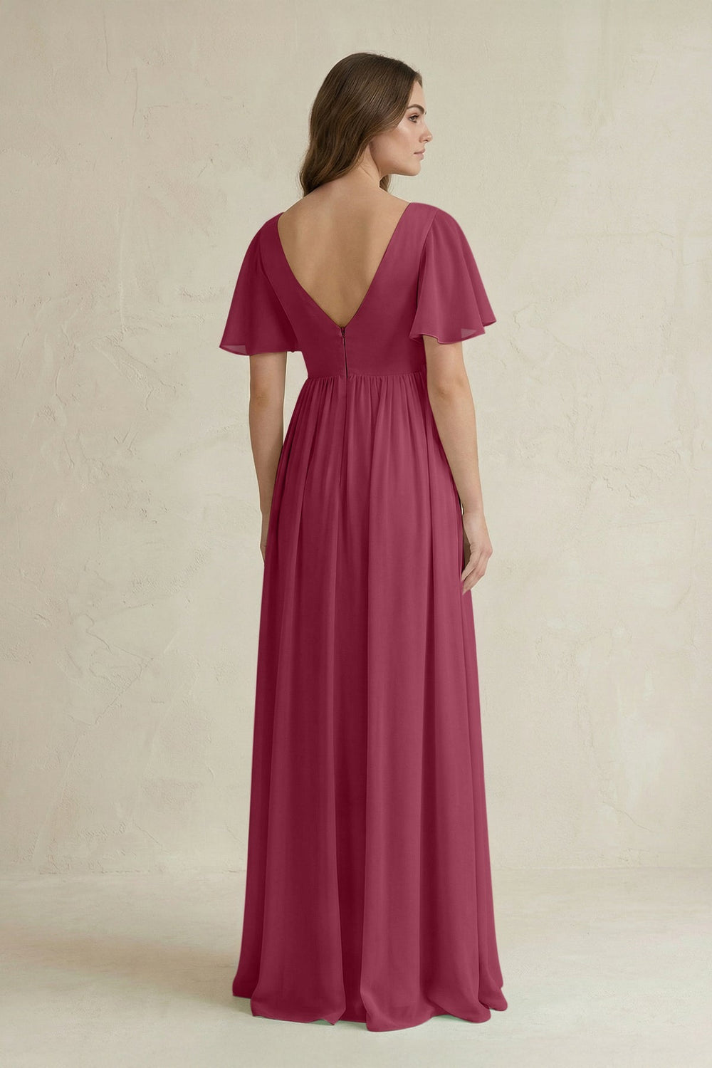 Short Sleeve V - Neck A - Line Chiffon Bridesmaid Dress in Desert Rose - SHE IS ME Bridesmaid Dresses
