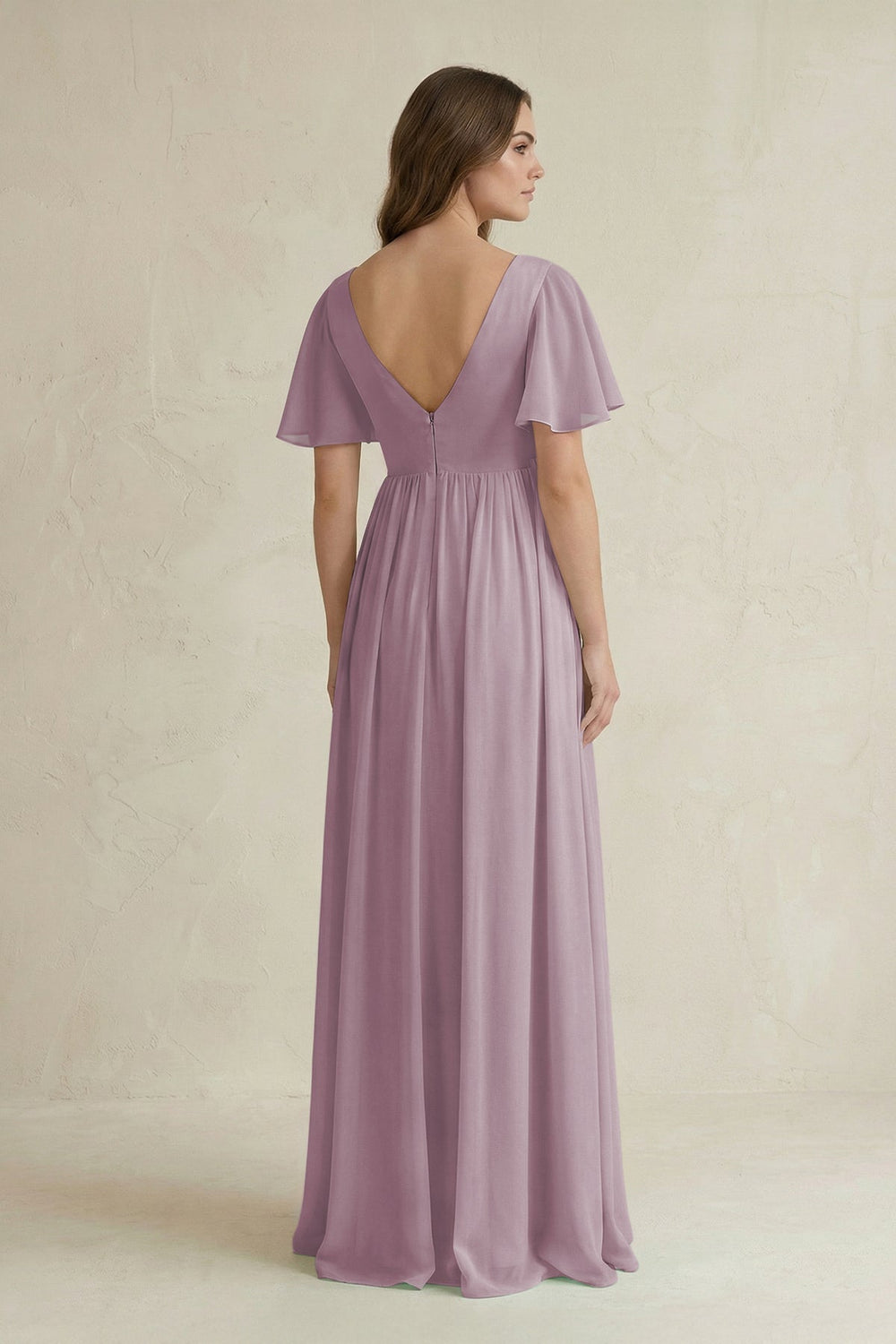 Short Sleeve V - Neck A - Line Chiffon Bridesmaid Dress in Dusk - SHE IS ME Bridesmaid Dresses