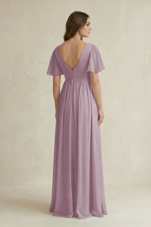 Short Sleeve V - Neck A - Line Chiffon Bridesmaid Dress in Dusk - SHE IS ME Bridesmaid Dresses