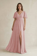 Short Sleeve V - Neck A - Line Chiffon Bridesmaid Dress in Dusty Rose - SHE IS ME Bridesmaid Dresses