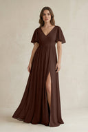 Short Sleeve V - Neck A - Line Chiffon Bridesmaid Dress in Espresso - SHE IS ME Bridesmaid Dresses