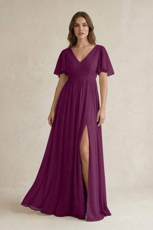 Short Sleeve V - Neck A - Line Chiffon Bridesmaid Dress in Fig - SHE IS ME Bridesmaid Dresses