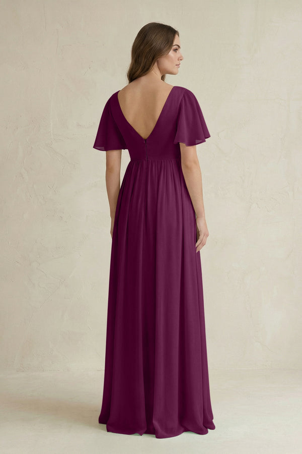 Short Sleeve V - Neck A - Line Chiffon Bridesmaid Dress in Fig - SHE IS ME Bridesmaid Dresses