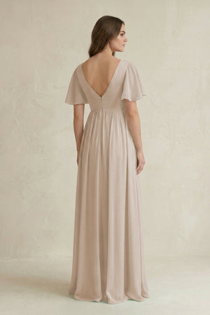 Short Sleeve V - Neck A - Line Chiffon Bridesmaid Dress in Frost - SHE IS ME Bridesmaid Dresses