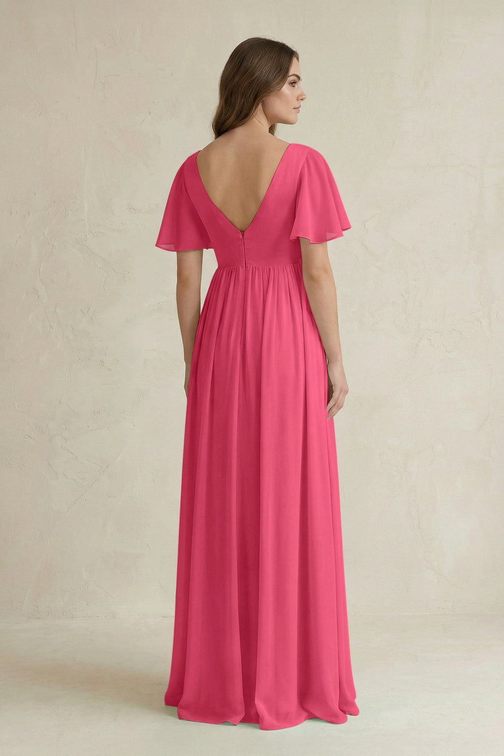 Short Sleeve V - Neck A - Line Chiffon Bridesmaid Dress in Fuchsia - SHE IS ME Bridesmaid Dresses