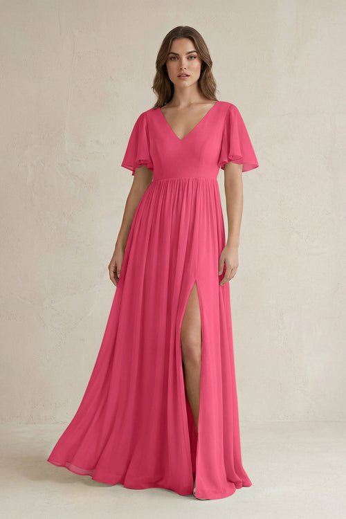 Short Sleeve V - Neck A - Line Chiffon Bridesmaid Dress in Fuchsia - SHE IS ME Bridesmaid Dresses